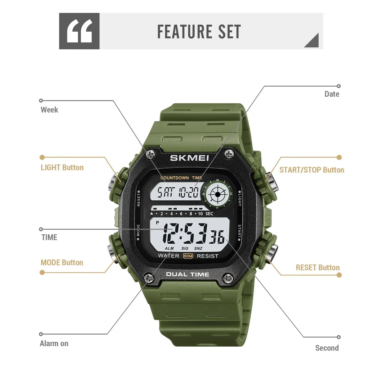 SKMEI 2126 Alarm montre homme Back Light Dightal Countdown Sport Watches Mens Fashion 5Bar Waterproof Stopwatch Wristwatch