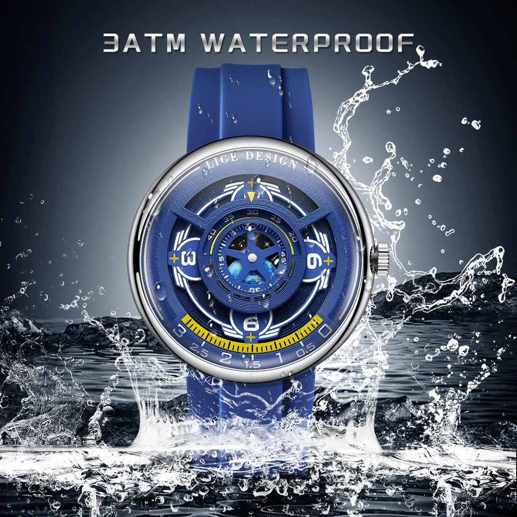 LIGE Trendy Sporty Men's Watches Creative Blue Planet Dial Luminous Silicone Straps Waterproof Men's Quartz Watches Relojs