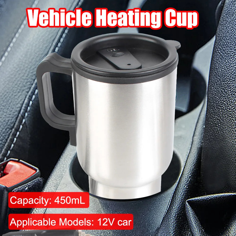 Vehicle Heating Cup Stainless Steel Electric Heating Car Kettle Water Coffee Milk Thermal Mug 12V 450ml Camping Travel Kettle