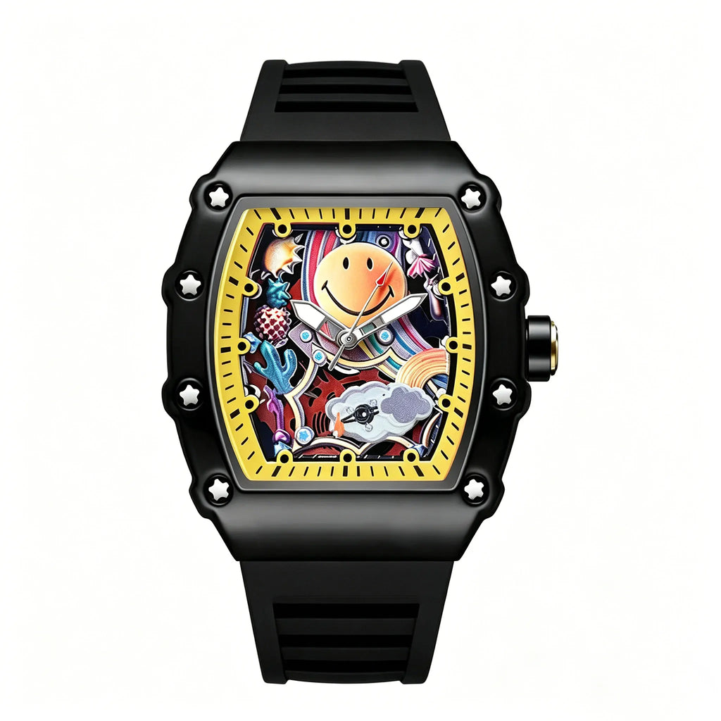 Graffiti Art Smile Face Watch Unique Barrel Shaped Quartz Wristwatch Waterproof Hip Hop Style Silicone Band Clock for Unisex