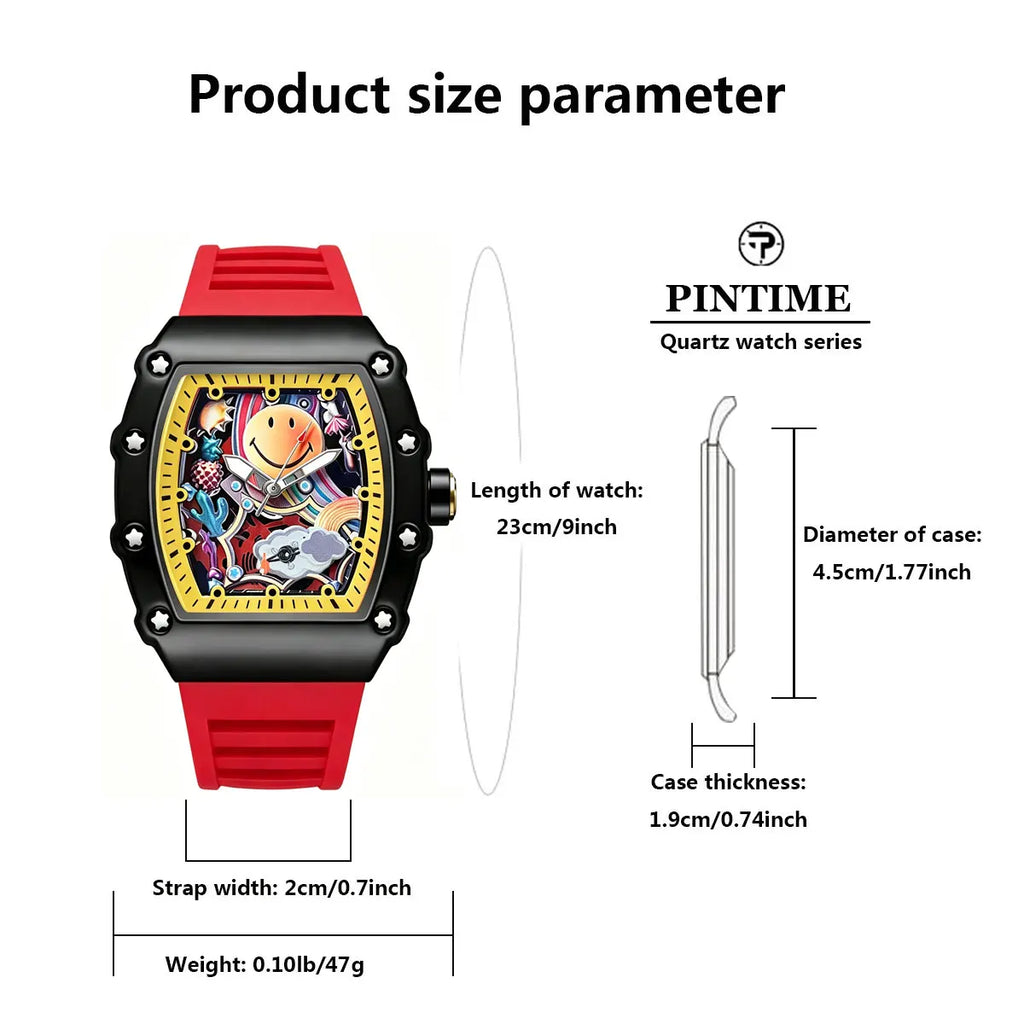 Graffiti Art Smile Face Watch Unique Barrel Shaped Quartz Wristwatch Waterproof Hip Hop Style Silicone Band Clock for Unisex