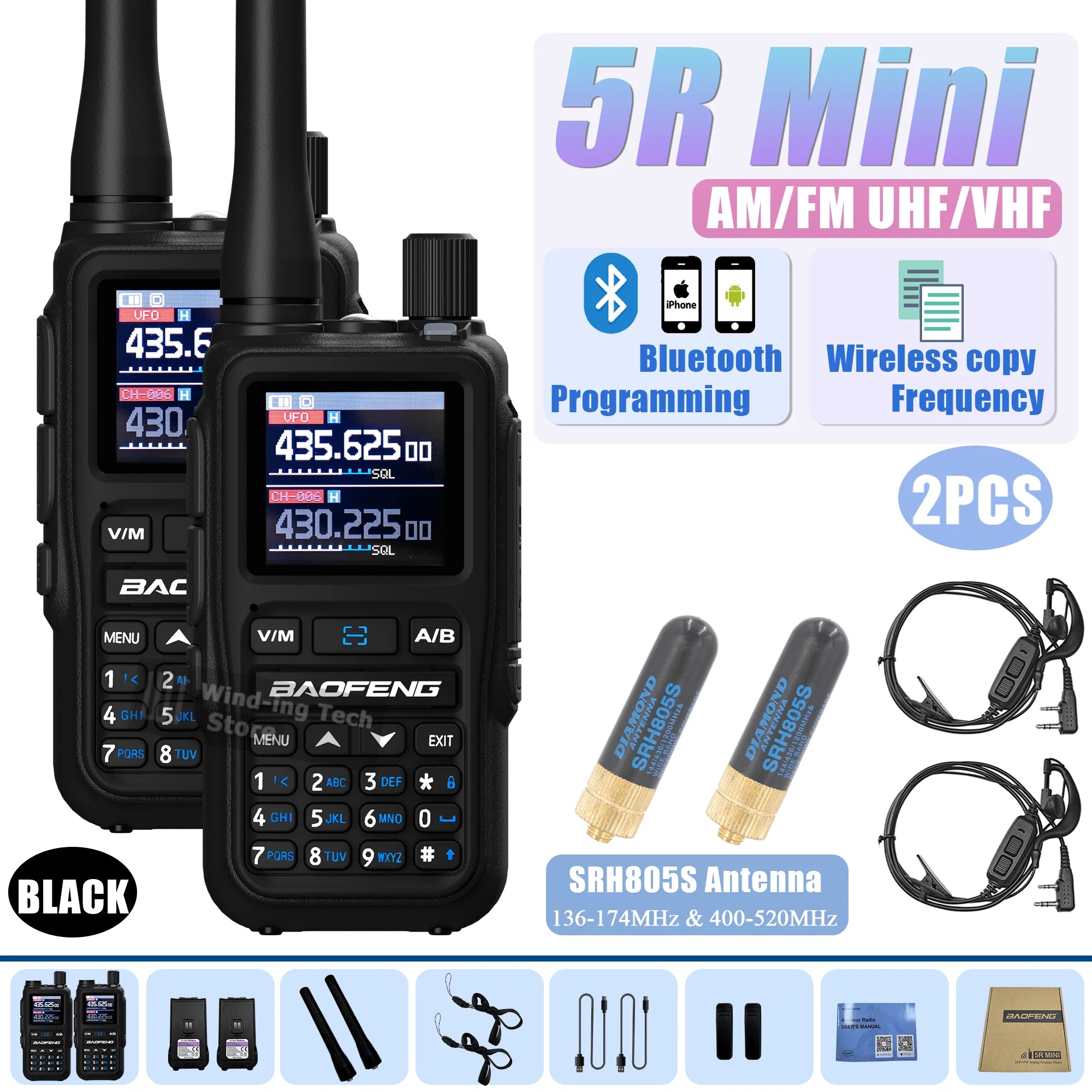 Baofeng UV 5R Mini Walkie Talkie Bluetooth Programming Frequency Hopping Type-C Jack Multiple Colors Dual PTT Camping Ham Radios