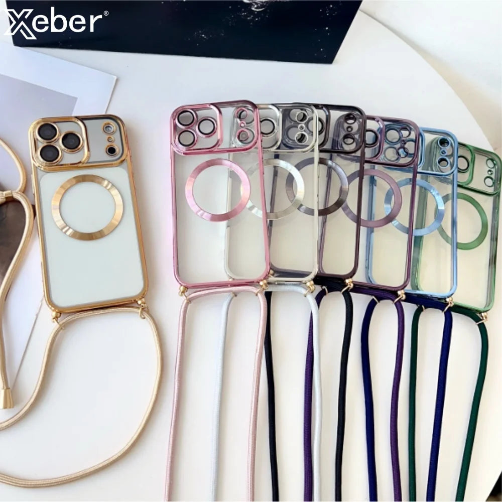 Plating Clear Magnetic For Magsafe Wireless Charging Cases For iPhone 17 Pro Max 16 15 14 12 13 Crossbody Lanyard Necklace Cover