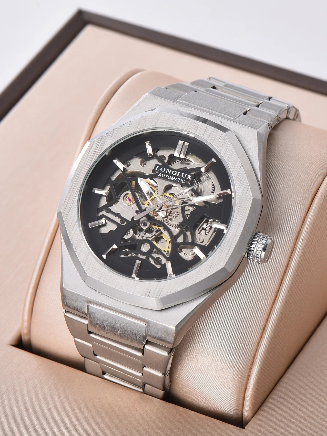 LONGLUX Men automatic watch special tough guy waterproof skeleton mechanical watches trend alien stainless steel gift watch