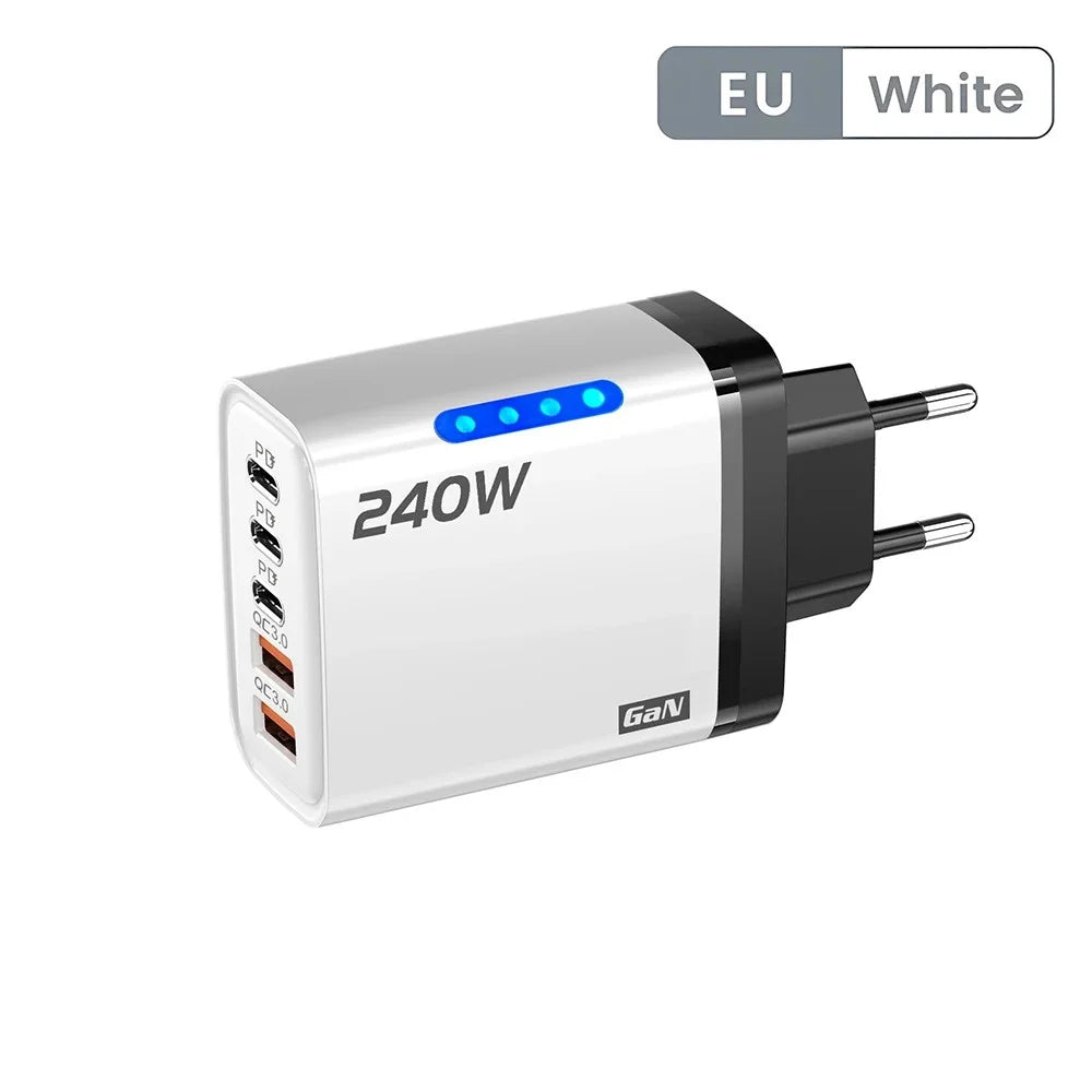 5 in 1 240W GaN Fast Charger With LED Light 2USB+3Type-C Multi Port Phone Charger for iPhone 16 15 pro Samsung Huawei Xiaomi 15
