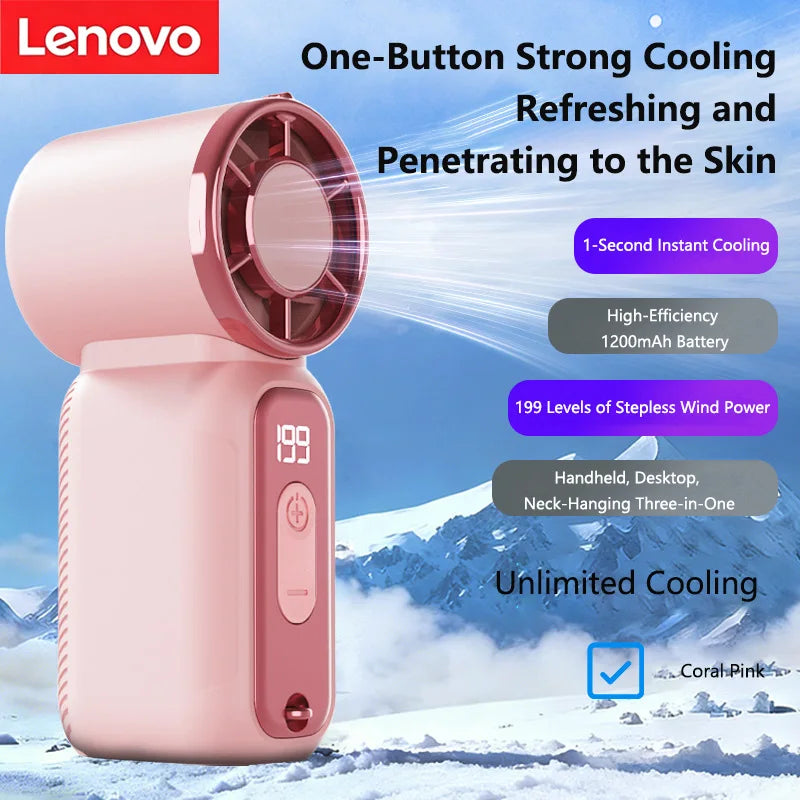 Lenovo Best Selling Summer Super Mini Rechargeable Handheld High Speed Fan Powerful Wind Ultra Quiet Digital Display Pocket Fan