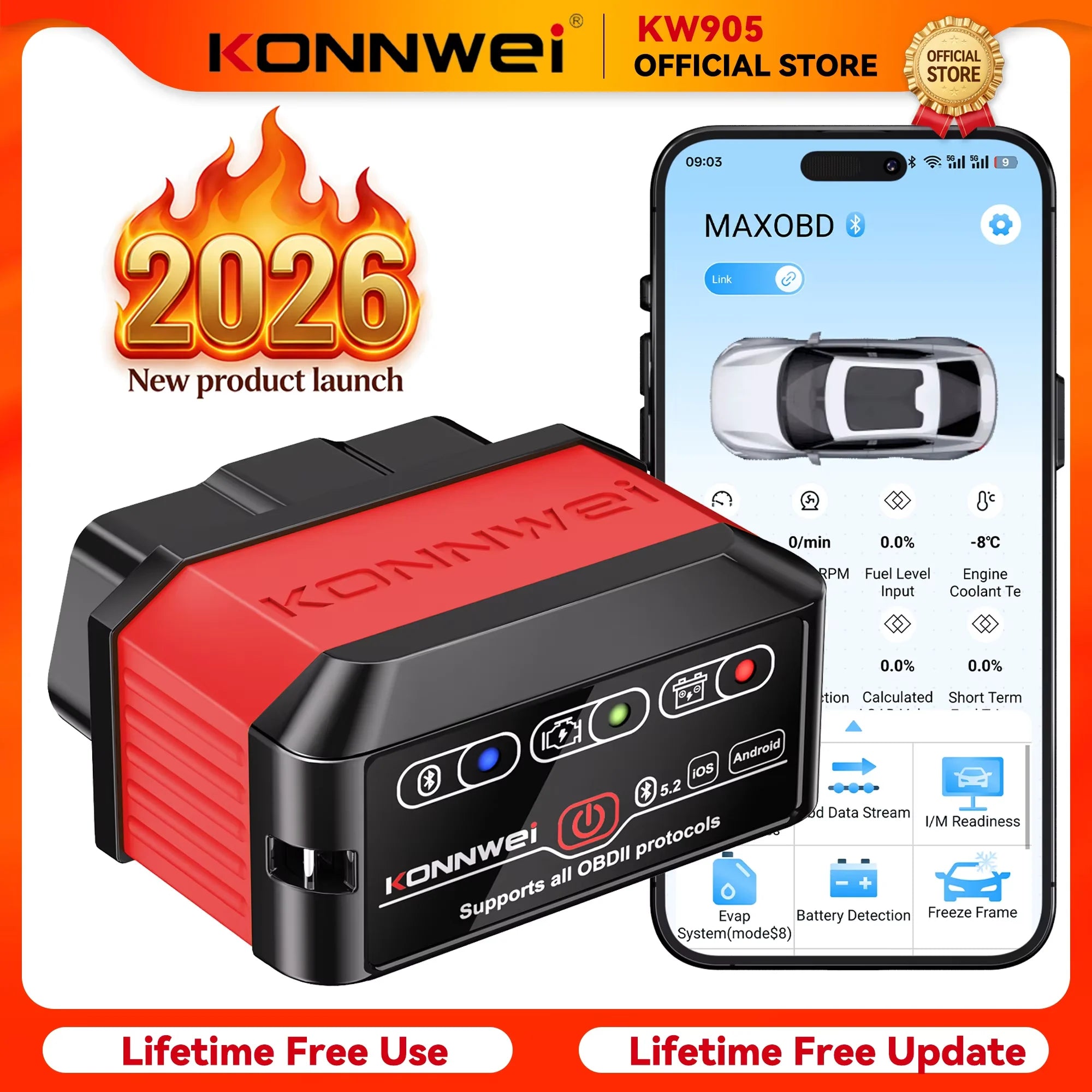 2026 KONNWEI KW905 Professional Car ELM327 OBD2 Scanner Bluetooth 5.0 for Android/IOS Code Reader Car Scanner Diagnostic Tool