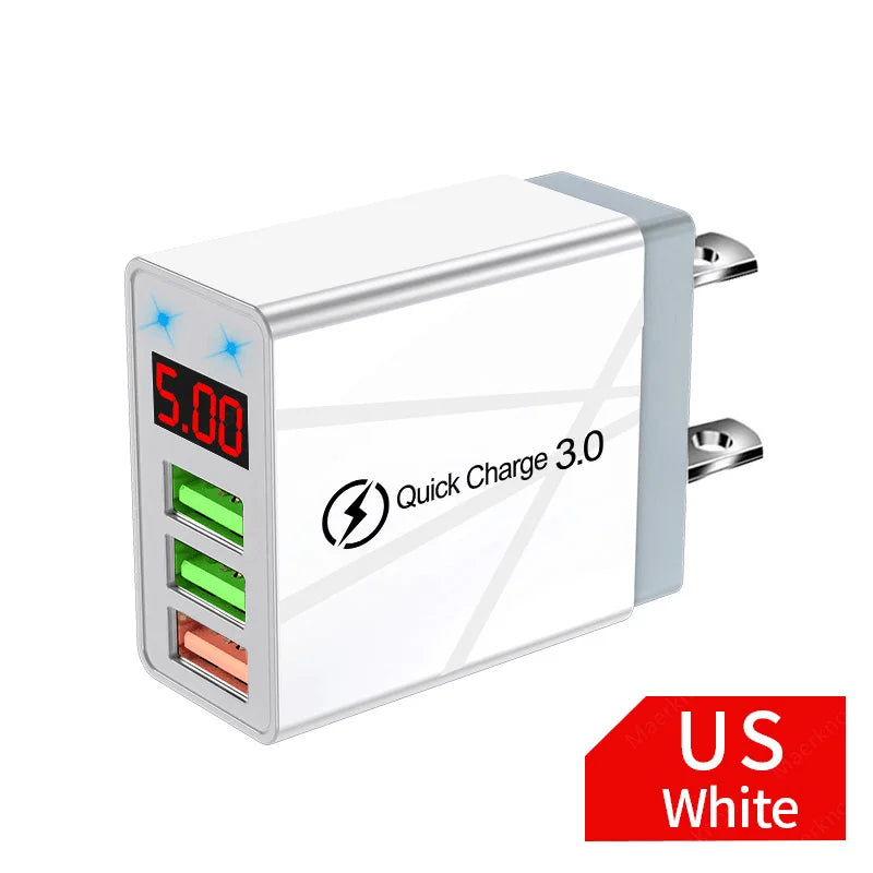 USB Fast Charger 3 Port With LED Display Phone Adapter For iPhone Samsung Xiaomi Huawei Quick Charge 3.0 EU/US Plug Wall Charger