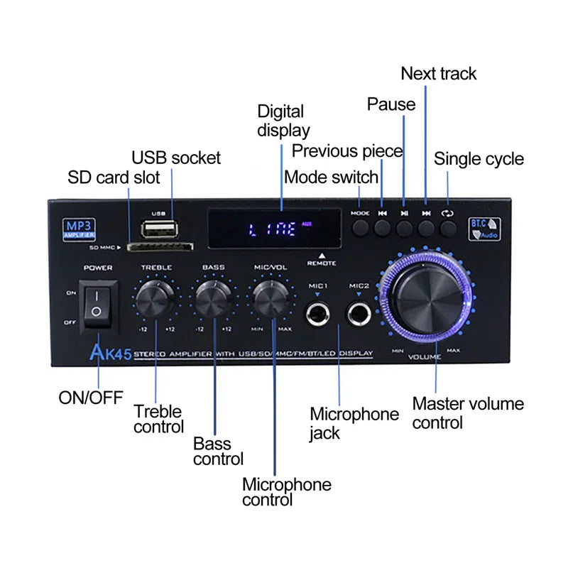 AK45 800W Home Digital Amplifiers Audio Bass Audio Power Bluetooth Amplifier Hifi FM Music Subwoofer Speakers USB SD Mic Input