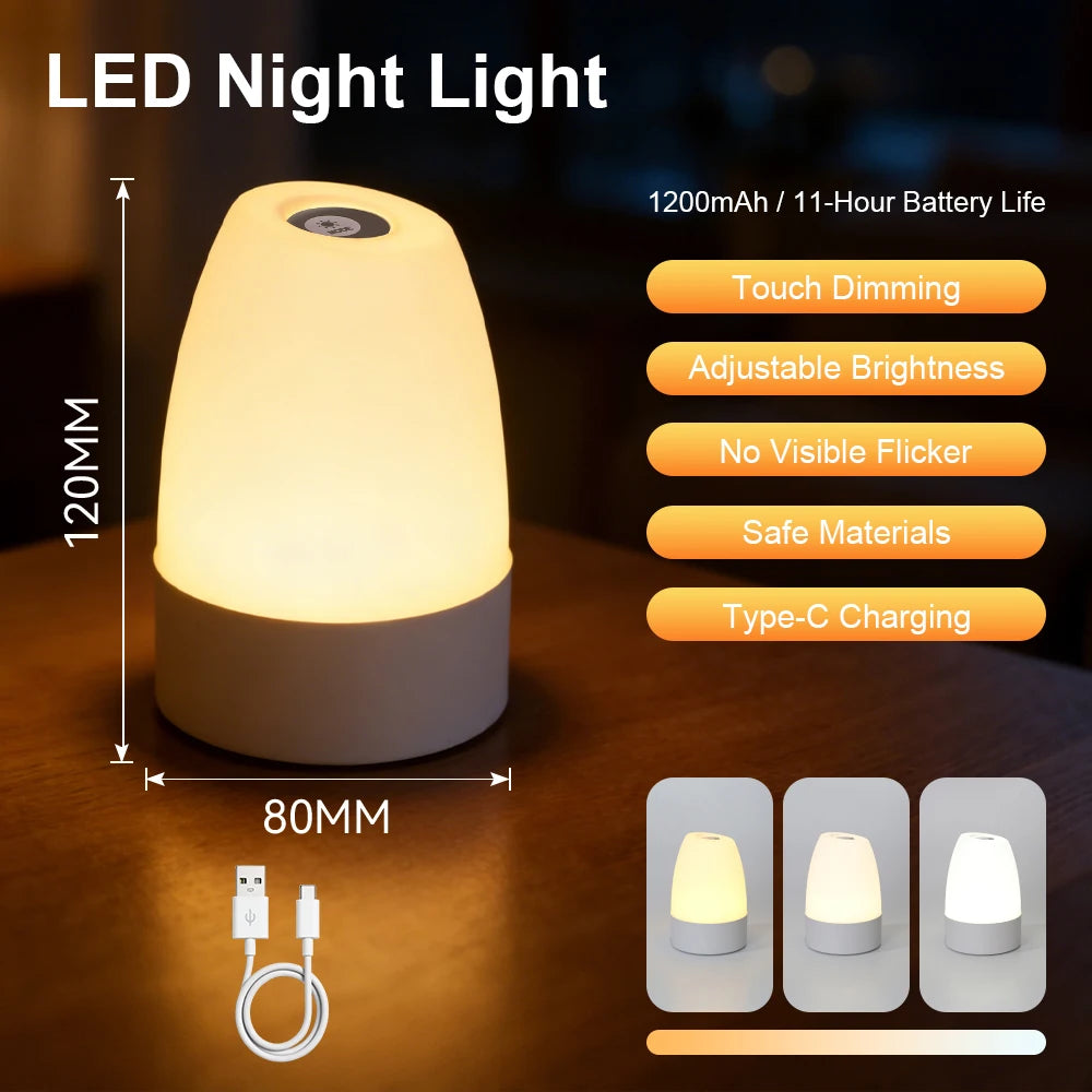 2026 New USB Rechargeable LED Night Light Touch Dimmable RGB 3-Color Eye-Caring Desk Lamp Bedroom Bedside Baby Room Best Seller