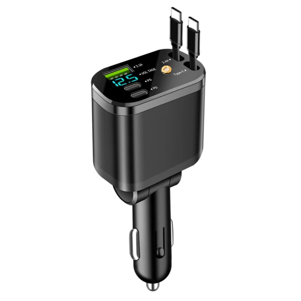 5 IN 1 Retractable Car Charger USB Type C PD Retractable Cable For iPhone Samsung Fast Charging Cord Cigarette Lighter Adapter