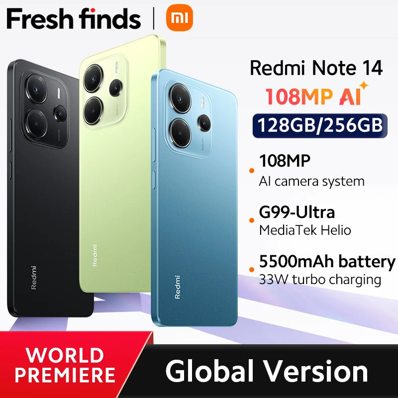 【World Premiere】Global Version Xiaomi Redmi Note 14 MediaTek Helio G99-Ultra Camera 5500mAh 6.67" AMOLED 120Hz Display 108MP A