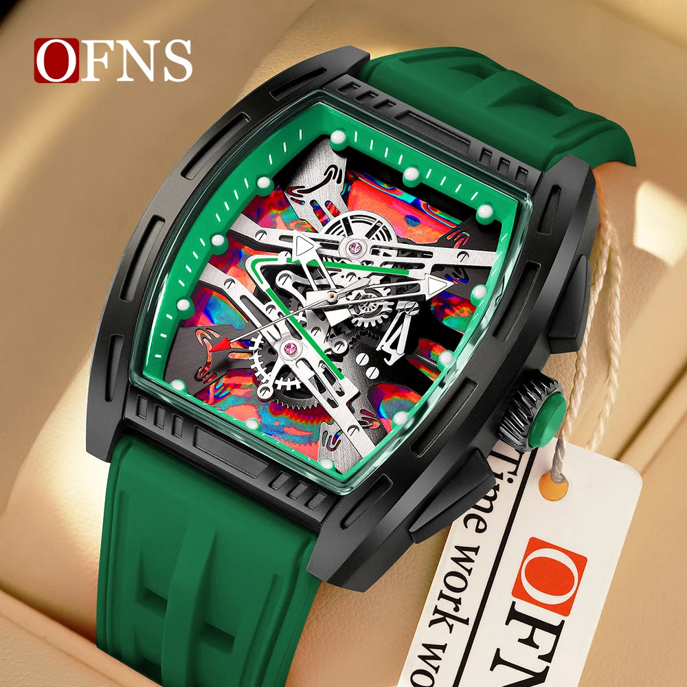 OFNS1209 Luxury Men Quartz Watch Silicone Strap Hollow Watches Mens Waterproof Sports Wristwatches Relogio Masculino