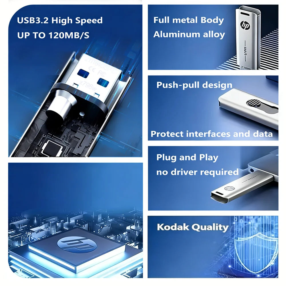 HP 32GB Flash Drive USB3.2 Disk 64GB 128GB 256GB High Speed External Storage Metal Pen Drive USB Sticks for PC Desktop