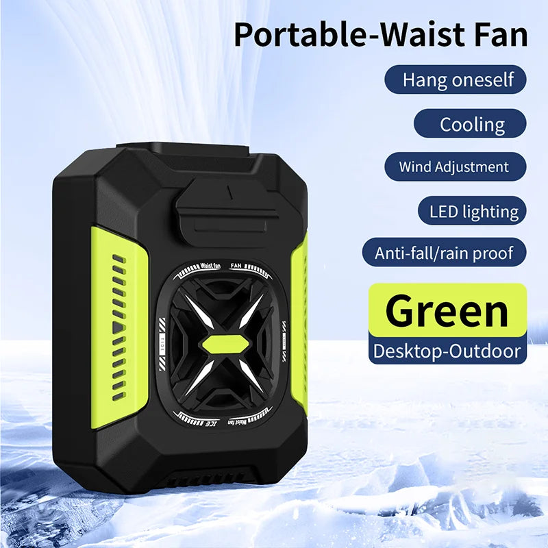 Portable Waist Clip Fan 5000mAh USB Rechargeable Fan Powerful Air Cooler Outdoor Camping Waist Fan with Power Bank LED Light