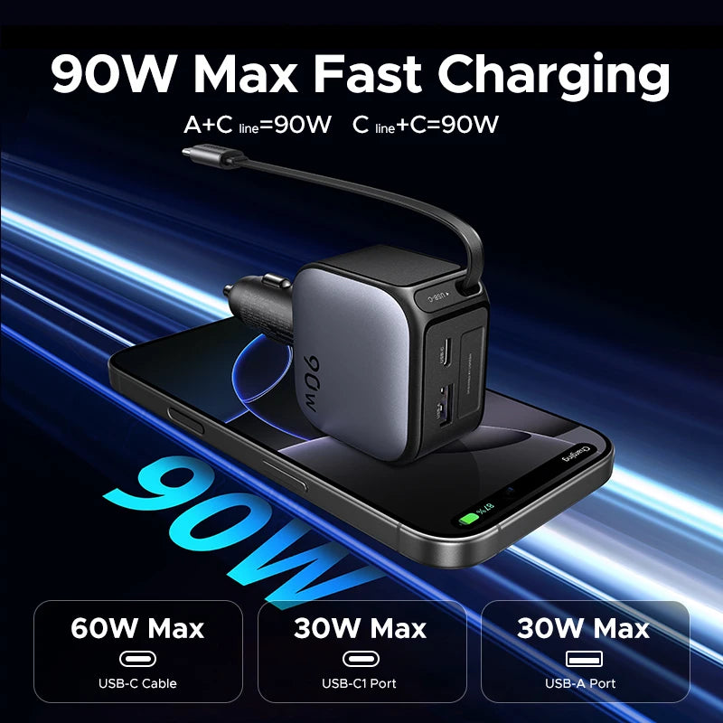 UGREEN 145W 90W 60W Car Charger 3 USB-C & 1 USB-A Ports PD QC4.0 Fast Charging with Retractable Cable for iPhone 17 Pro MacBook