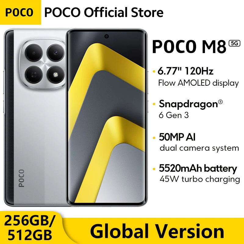 lobal Version POCO M8 5G Smartphone 256GB 512GB Snapdragon® 6 Gen 3 NFC 6.77" 120Hz Display 50MP Camera 5520mAh 45W Charging