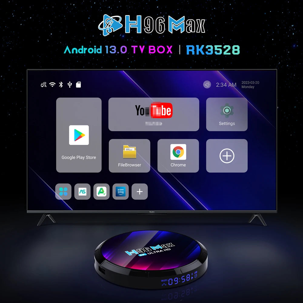 H96 MAX RK3528 Android 13.0 Quad Core 8K HDR LAN 100M WIFI6 BT5.0 Voice Assistant Global Language Media Player Smart TV Box