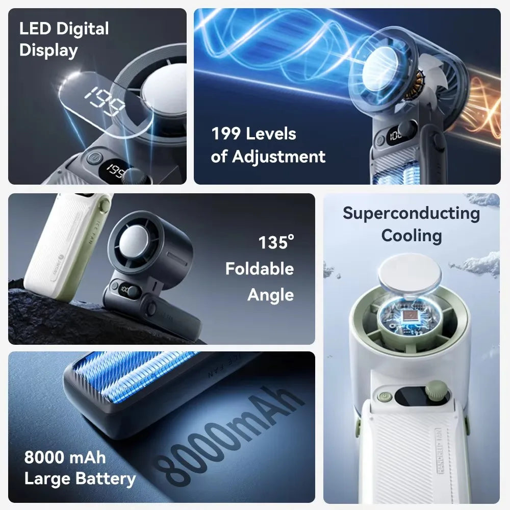 Portable Handheld Turbo Fan 199Gear Strong Wind Speed LED Digital Display 135°Foldable Outdoor 3-in-1 Handheld Fan 8000mAh F5PRO