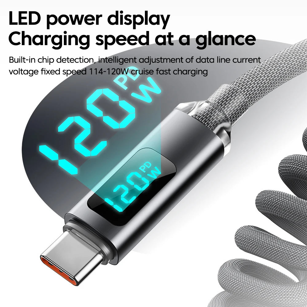 120W Car Retractable Cable Digital Display Spring USB A Type C To Type C Cable For Samsung iPhone 16 Fast Charging Charger Cable