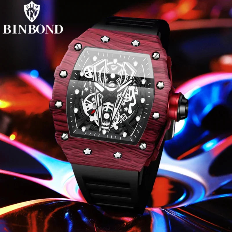BINBOND Brand Men Watch Domineering Barrel Watch Curved Mirror Hollow Surface Sports Men Watch Silicone Quartz Wristwatch B8577