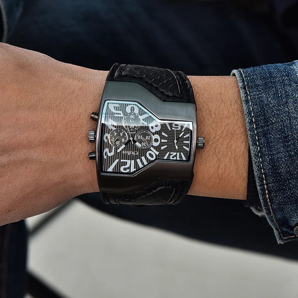 Oulm 1220  Men's Two Time Zone Big Size Quartz Clock Unique Design Watches Male Sport Watch Leather Strap Wristwatch