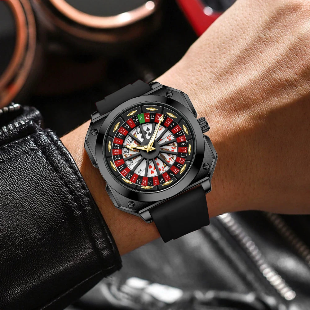 VA VA VOOM Brand Quartz Movement Men Watch 42mm Square Silver Black Silicone Clock Creative Rotating Compass Military Men Watch