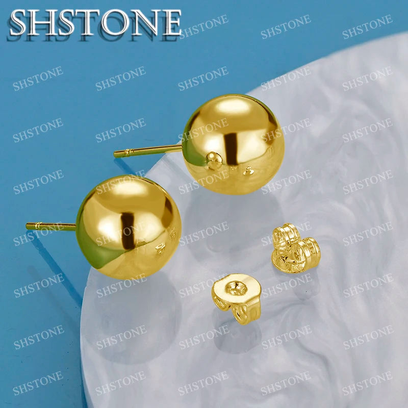 SHSTONE 18K Gold 8 10 mm Round Beads Earrings For Women Party Wedding Fashion Jewelry 925 Sterling Silver Stud Earring Birthday
