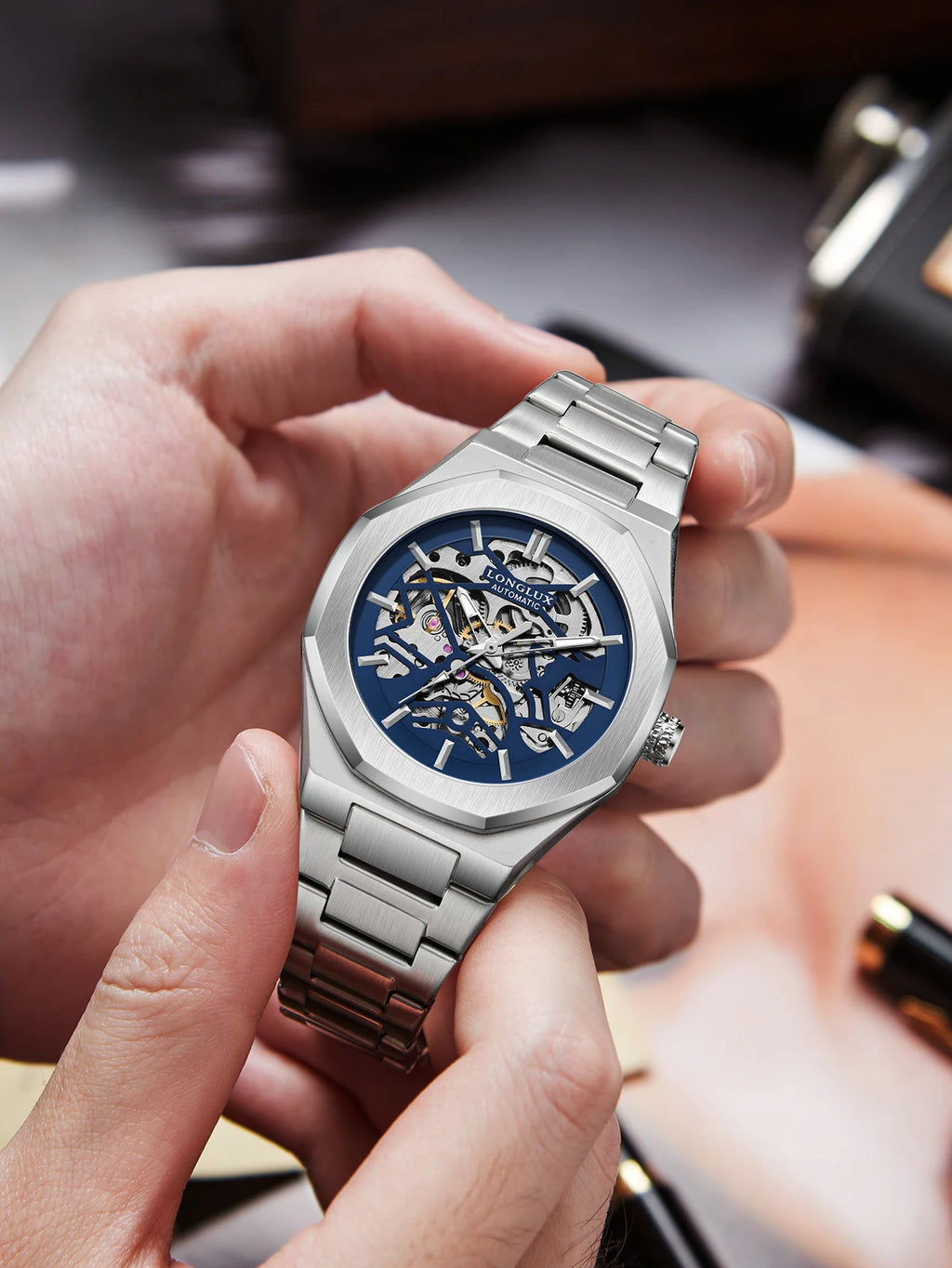 LONGLUX Men automatic watch special tough guy waterproof skeleton mechanical watches trend alien stainless steel gift watch