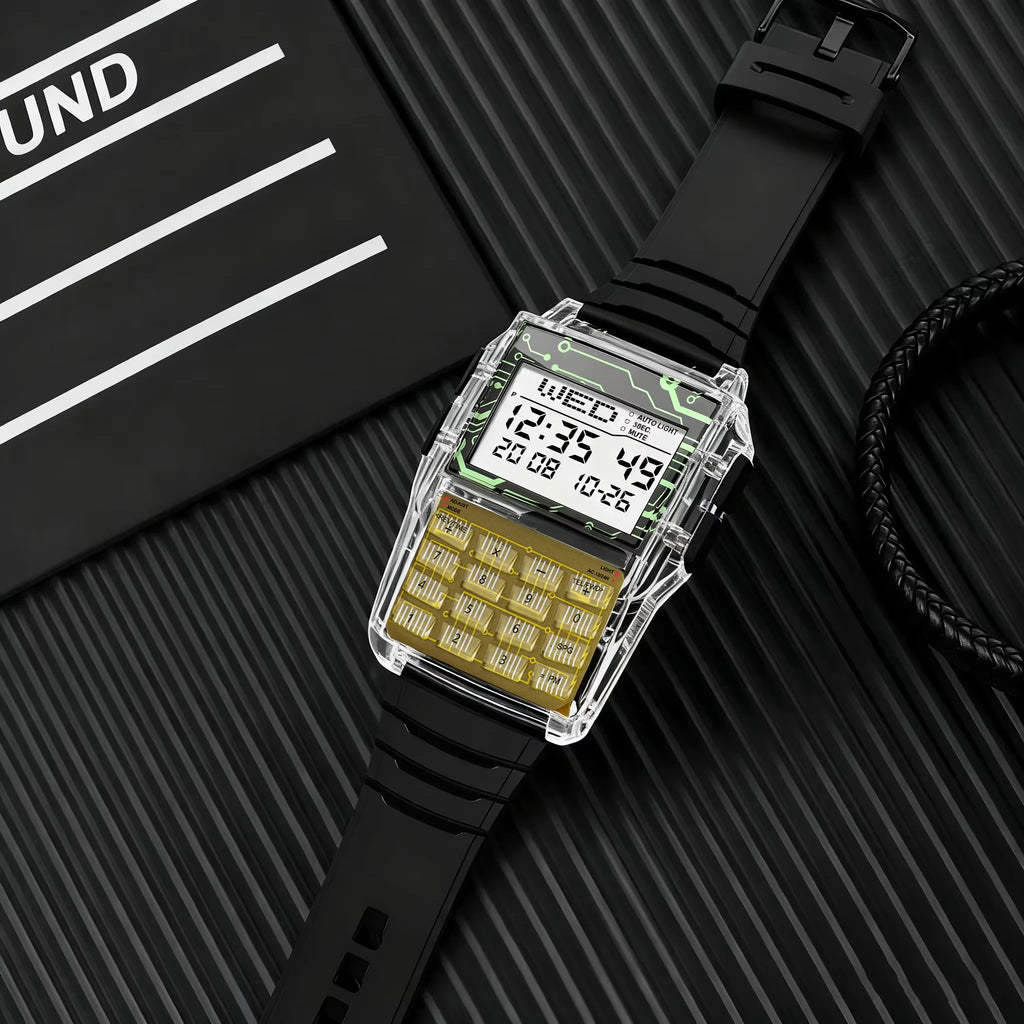 Transparent Case Plastic Watch Men Multifunction Calculator Watch Luminous LED Watch Top Luxury Men Watch Computer Style