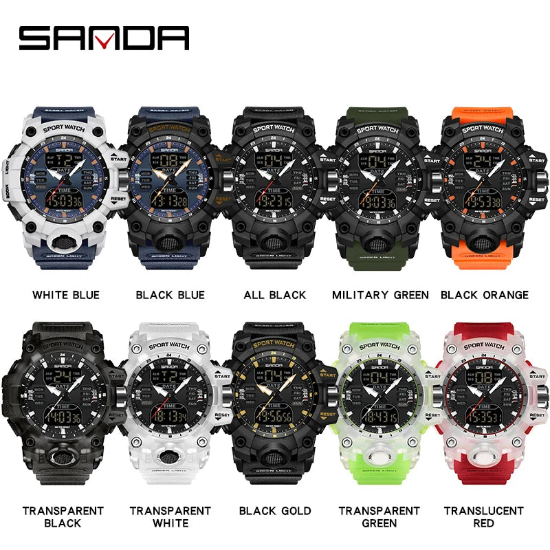 SANDA Dual Display Men Watches Waterproof Sports Watch Military Man Alarm Stopwatch Quartz Wristwatch Male LED Digital Clock6126