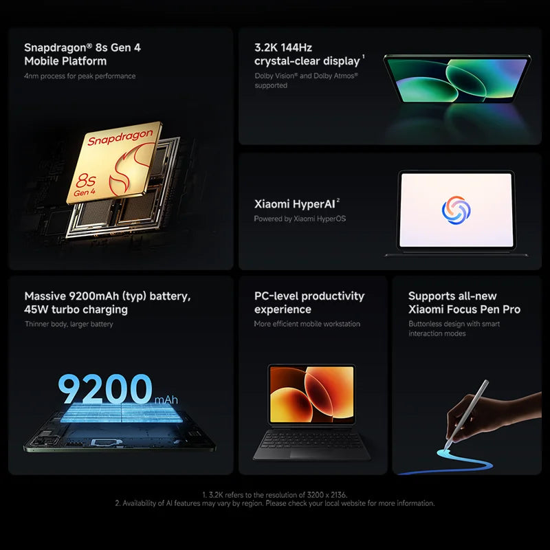 Global Version Xiaomi Pad 8 13MP Camera 9200mAh 45W turbo charging 11.2" 144Hz display Mi tablet Snapdragon® 8s Gen 4 CPU