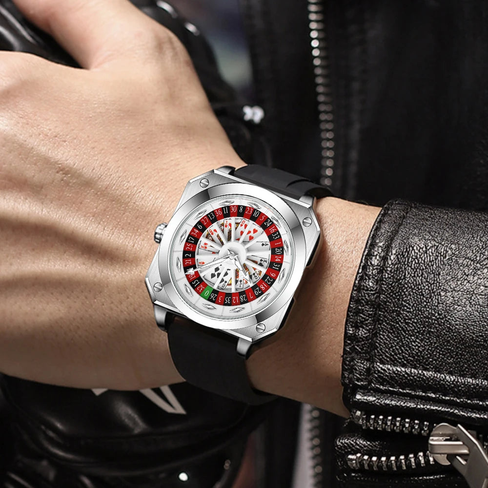 VA VA VOOM Brand Quartz Movement Men Watch 42mm Square Silver Black Silicone Clock Creative Rotating Compass Military Men Watch
