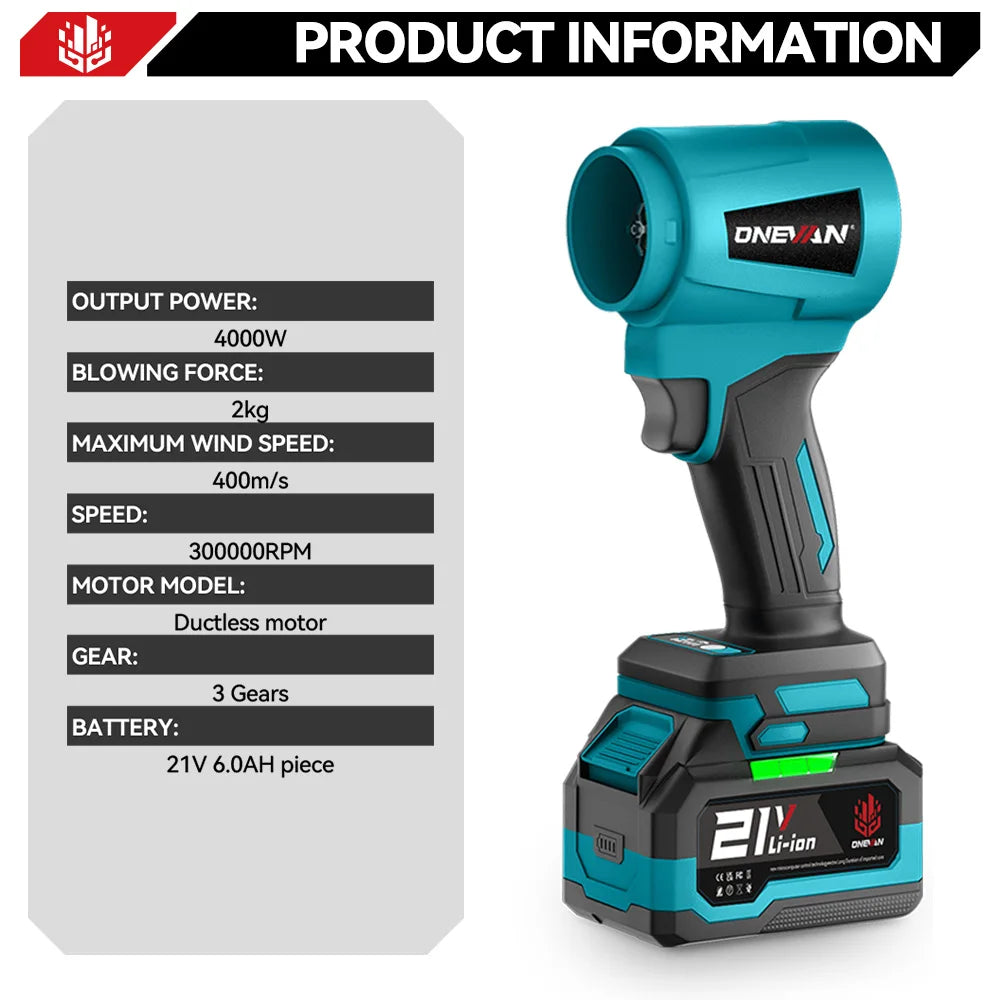 ONEVAN 4000W Brushless Electric Turbo Blower Jet Fan 400M/S 300000RPM Handheld Leaf Dust Blowing Tool For Makita 18V Battery Pin