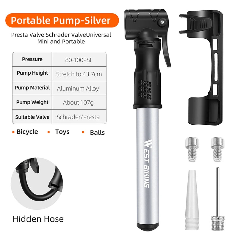 WEST BIKING Mini Bicycle Pump Portable Aluminum Alloy Cycling Hand Ball Tire Inflator Schrader Presta Valve MTB Road Air Pump