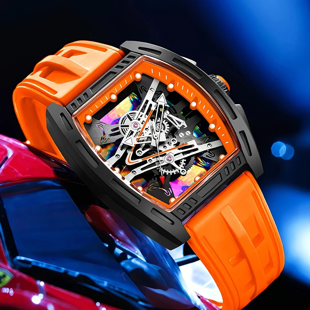 Men's and Women's Youth Barrel-Shaped Hollow Mechanical Quartz Watch, Trendy and Fashionable Colorful Dial, Silicone Strap, Casual Business Quartz Watch