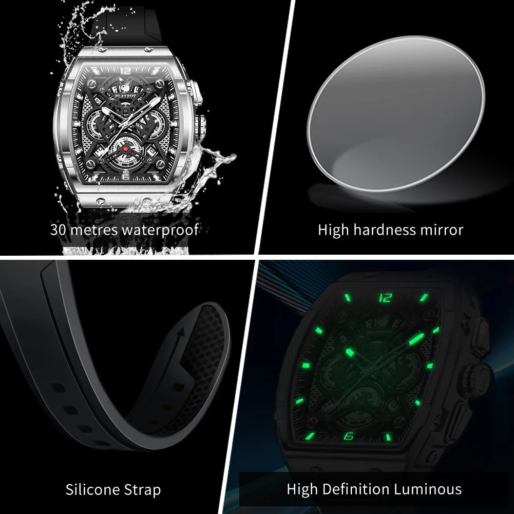 PLAYBOY Watches Man Waterproof Luminous Tonneau Skeleton Quartz Wristwatch Watches For Man Original Business Luxury 3087