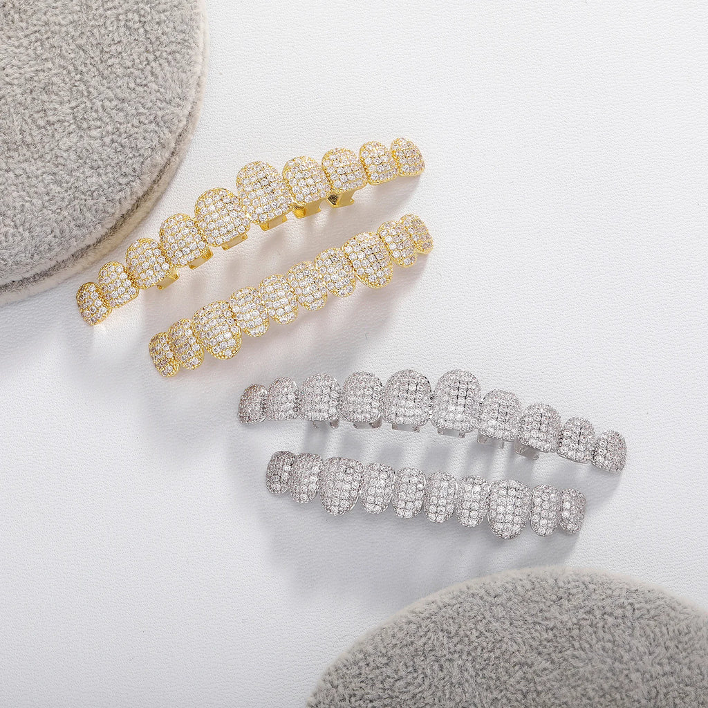 Iced Out Teeth Grillz 10 Top 10 Bottom 5A CZ Stones 14K Gold Plated Zircon Tooth Caps Rapper Mouth Jewelry