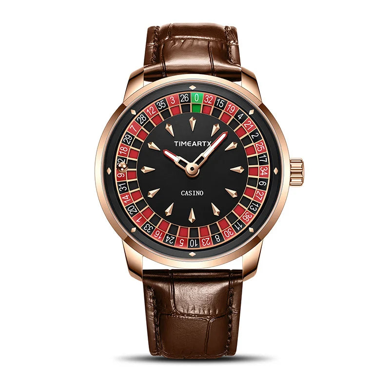 TIMEARTX Men's Trendy Watch European Roulette Poker Game Style Quartz Movement Genuine Leather Luxury Watch