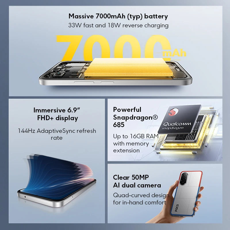 【World Premiere】POCO M7 Global Version Smartphone Snapdragon 685 IP64 7000mAh battery Immersive 6.9" FHD+ display NFC 33W