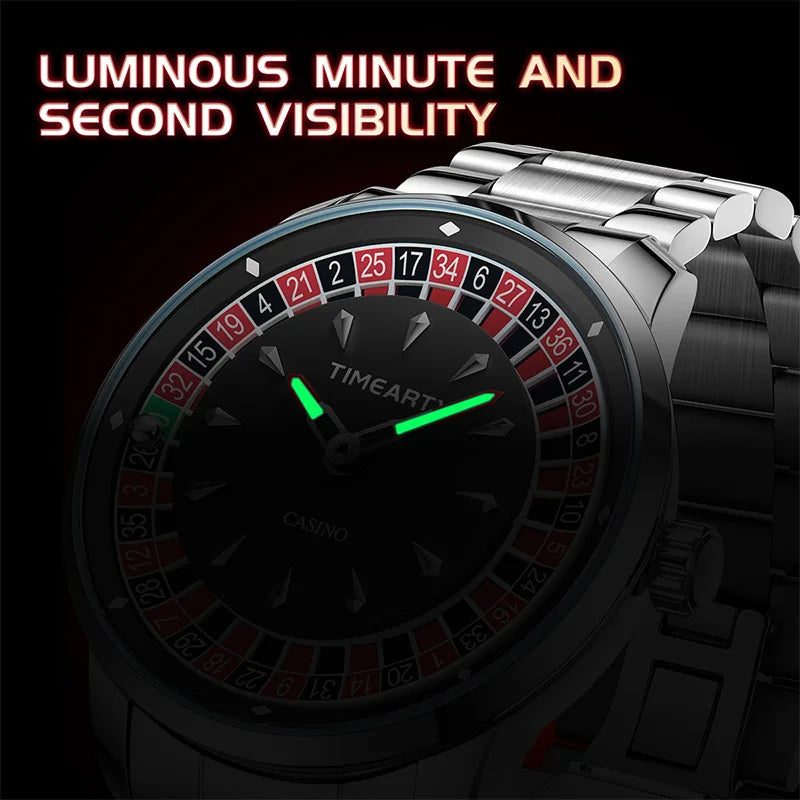TIMEARTX Men's Trendy Watch European Roulette Poker Game Style Quartz Movement Genuine Leather Luxury Watch