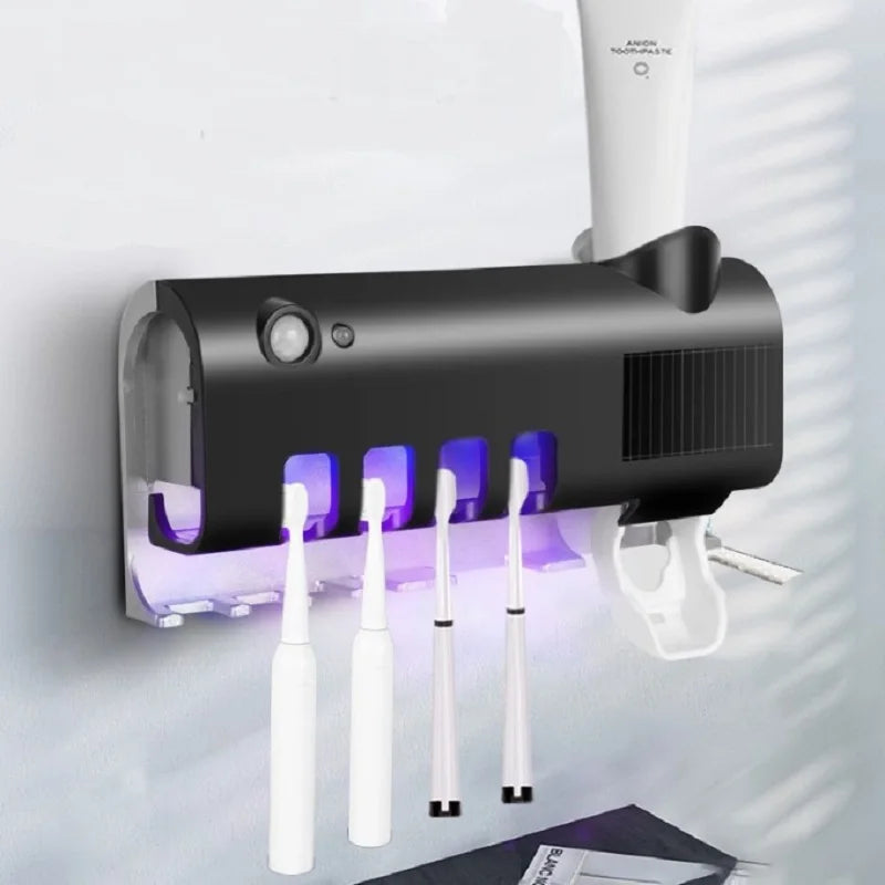 UV Sterilizer Toothbrush Holder Multifunctional Toothpaste Dispenser Wall Mount Smart Toothbrush Storage Box with UV Disinfectio