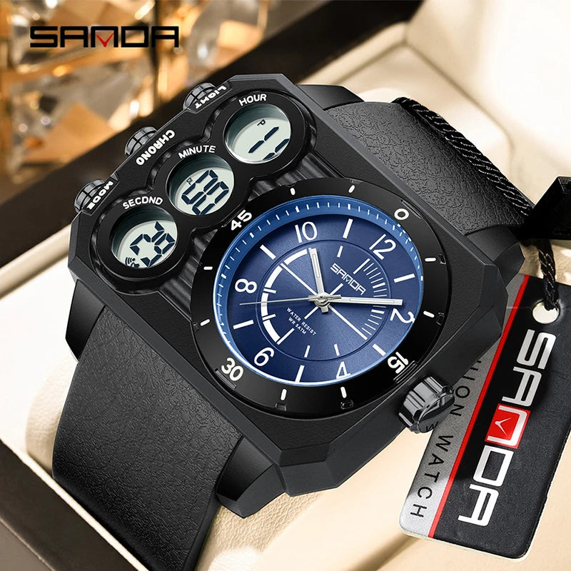 SANDA Fashion Men's Dual Display Electronic Watch Sports Multifunctional Waterproof Night Light LED Men's Electronic Watch 6237