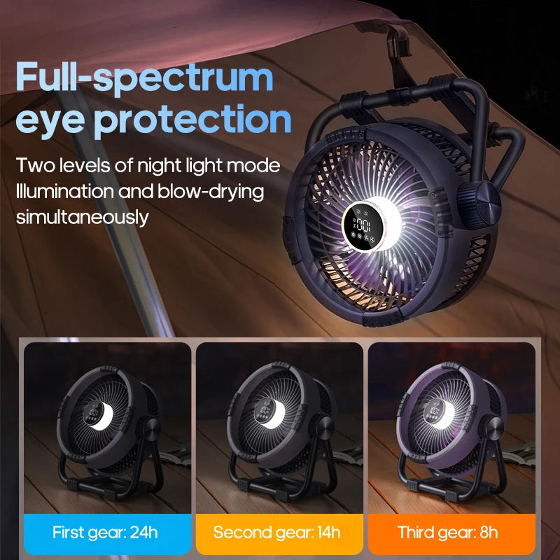Portable 6 in 1 Outdoor Camping Fan 20000mAh Rechargeable Wireless Tent Ceiling Fan 4 Speed Adjustment LED Lighting Power Bank
