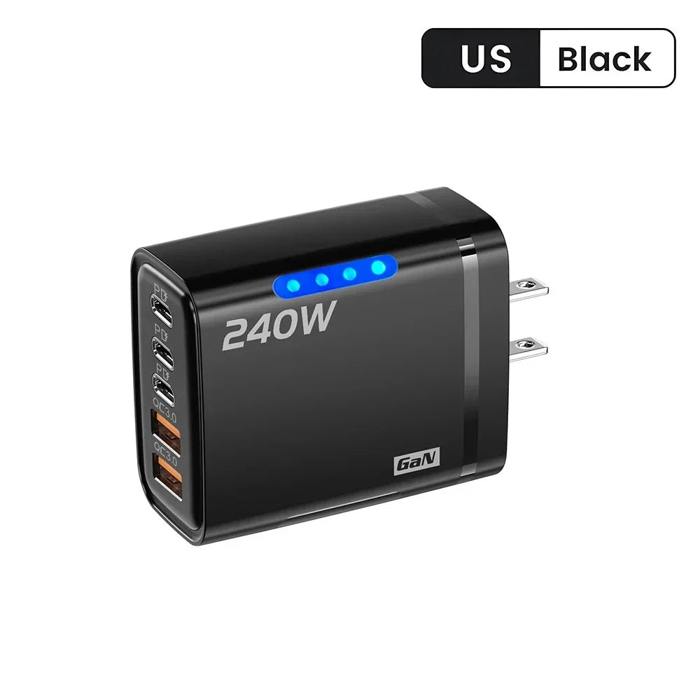 5 in 1 240W GaN Fast Charger With LED Light 2USB+3Type-C Multi Port Phone Charger for iPhone 16 15 pro Samsung Huawei Xiaomi 15