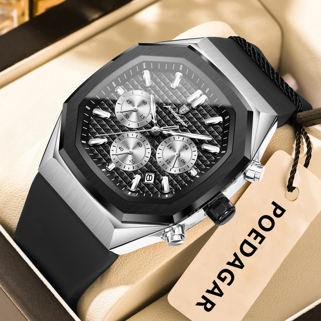 POEDAGAR Business Men's Watch Chronograph Date Silicone Strap Quartz Man Watch Waterproof Luminous Fashion Watches For Men Reloj