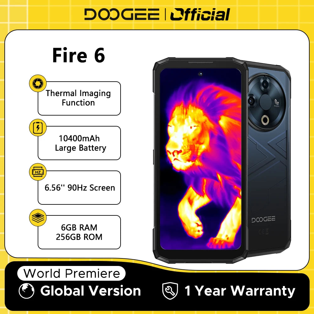【Brand+】World Premiere DOOGEE Fire 6 Rugged Phone 6.56" 90Hz Display 6GB RAM 256GB ROM 50MP AI Main Camera 10400mAh/18W