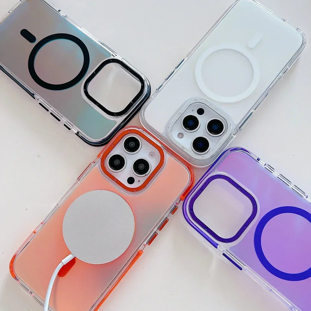 Stylish Metal Lens Magnetic Phone Case for IPhone 17 Pro Max 16 15 14 13 12 11 for MagSafe Wireless Gradual Change Color Cover