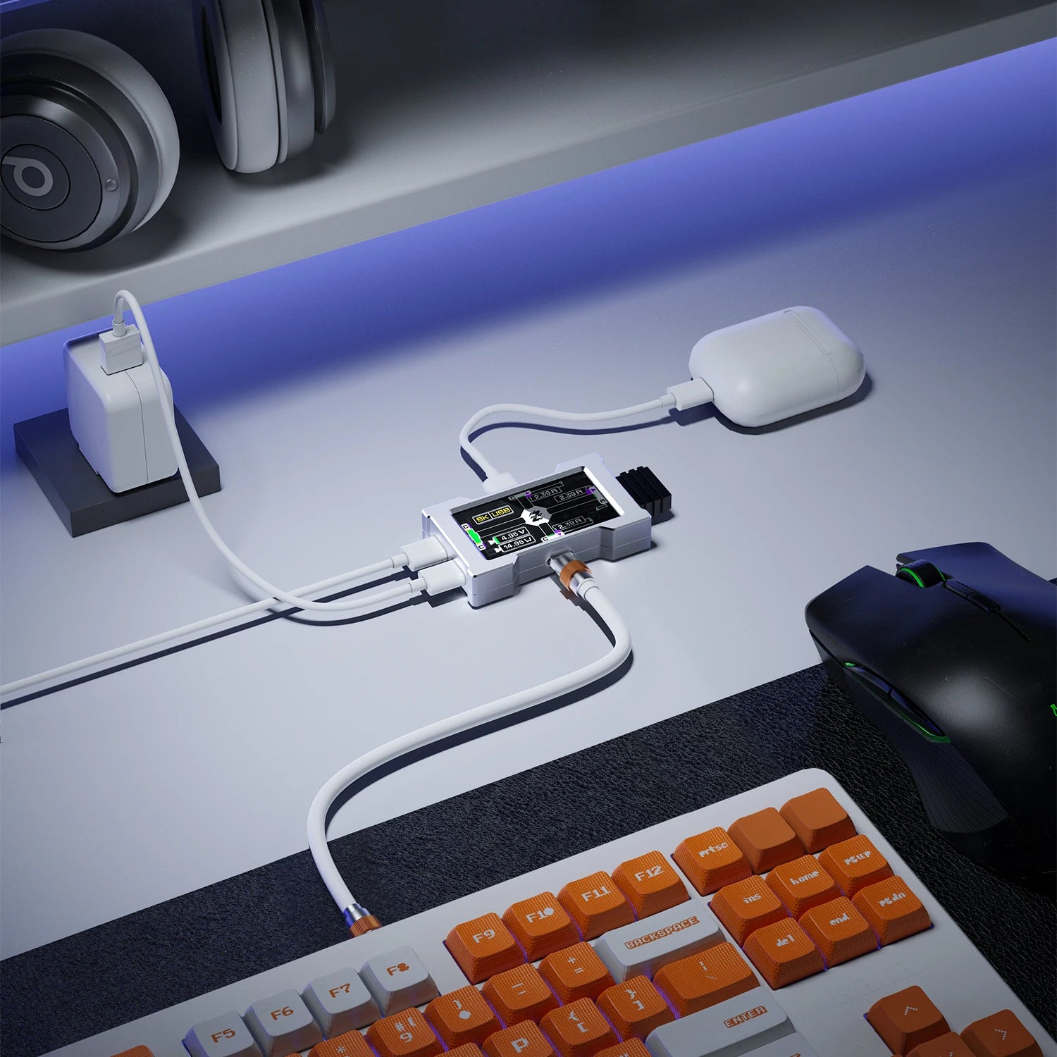 HMLAB ZNEO Gaming USB Hub - 2-to-3 Port, 8K Hz Speed, Independent Power & Built-in Screen, Stylish Gaming Desk Essential - hemu