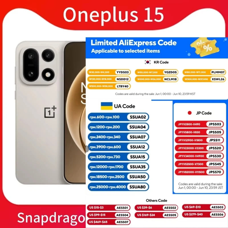 Unlocked OnePlus 15 Snapdragon 8 Elite Gen 5 6.78inch AMOLED 120Hz 50MP 7300Mah 120W Super Charger NFC OTA